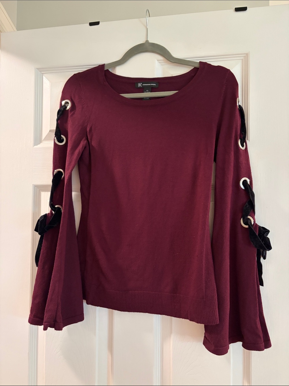 INC International Concepts Burgundy Sweater with Black Lace-Up Bell Sleeves